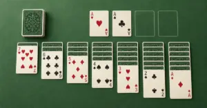 Overhead view of solitaire cards arranged in seven cascading columns on green felt, with a draw pile and two aces in the foundation row.