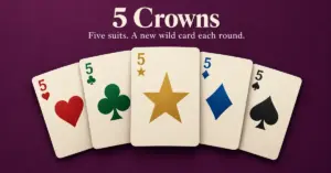 Five cards showing hearts, clubs, stars, diamonds and spades fan out on a plum background beneath the words “5 Crowns” and “Five suits. A new wild card each round.”