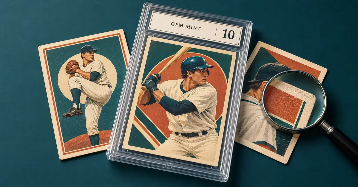 Illustrated baseball cards on a teal surface, including a card in a protective case graded Gem Mint 10 and a magnifying glass highlighting a card corner.