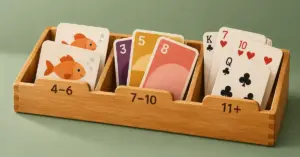 A wooden organiser holds fish matching cards, colourful number cards and classic playing cards in compartments labelled for ages 4–6, 7–10 and 11+.