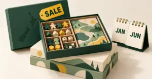 An open board game box with wooden pieces, a New Zealand map and a sale tag sits beside calendar pages marking January and June.