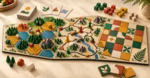 A modern board game combines hexagonal landscapes, branching routes and colourful mosaic tiles, with wooden pieces, cards and a fern motif evoking New Zealand.