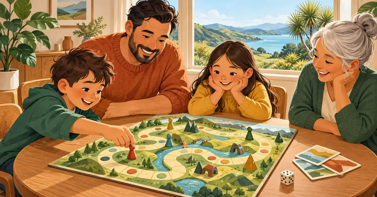 Illustration of a multigenerational family enjoying a board game together, with New Zealand hills and a cabbage tree visible through the window.