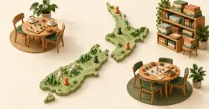 A stylised New Zealand game board with colourful pawns, surrounded by café and club gaming tables and a shop shelf of board games.