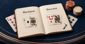 An open guide to blackjack and baccarat sits on a navy casino table with playing cards, chip stacks and a small map of New Zealand.