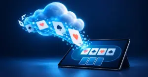 Playing cards stream from a glowing blue cloud into a tablet displaying a card game, illustrating cloud gaming.