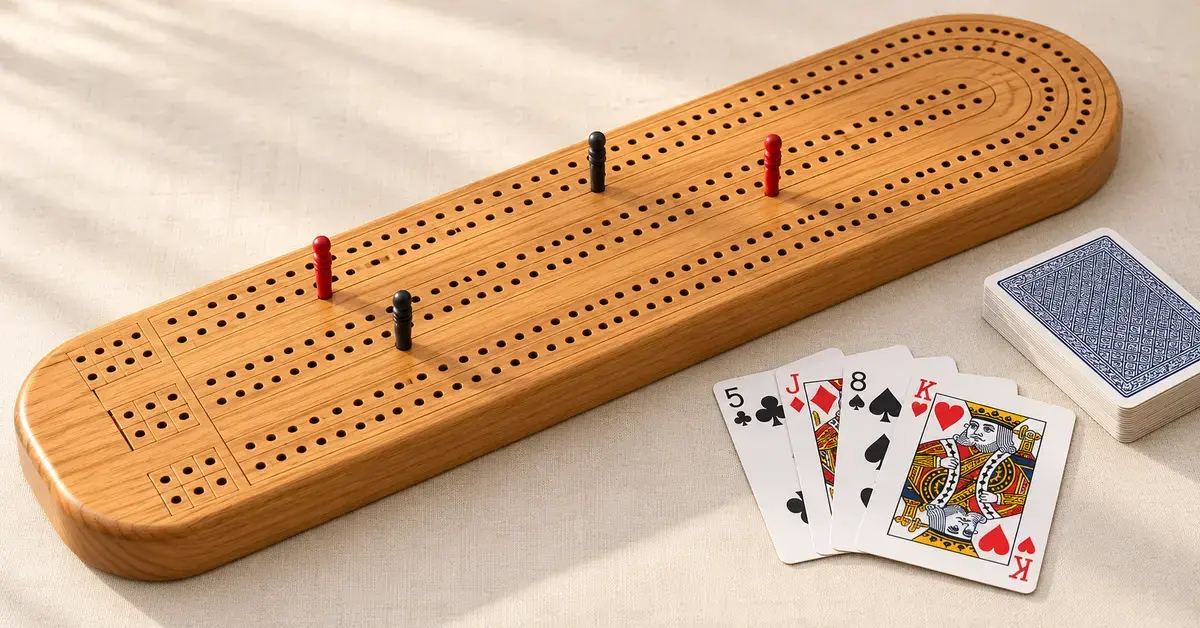 A wooden cribbage board with red and black scoring pegs sits beside four playing cards and a deck on a cream tabletop.