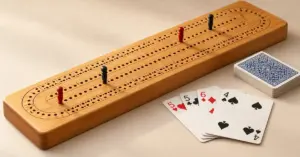 A wooden cribbage board with red and black pegs sits beside four face-up playing cards and a face-down deck on an ivory tabletop.