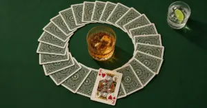 Overhead view of a Kings Cup setup with a ring of playing cards around an amber drink, a face-up king of hearts and a glass of water with lime nearby.