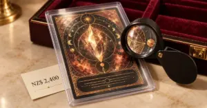 A gold-foil trading card in a protective sleeve sits beneath a jeweller’s loupe beside a burgundy storage case and an NZ$2,400 valuation slip.
