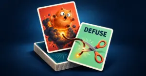 An original ginger kitten danger card and a mint-green Defuse card with scissors cutting a fuse sit above a draw pile against a dark blue background.