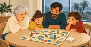 Three generations enjoy a board game around a wooden table as rain falls outside a window overlooking New Zealand cabbage trees.