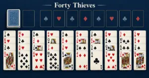 Forty Thieves Solitaire setup on a navy table, with ten columns of four face-up cards, eight empty foundations and a face-down stock.