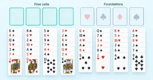 A FreeCell Solitaire layout with eight columns of face-up cards, four empty free cells outlined in teal and four suit foundation spaces.
