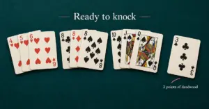 A ten-card gin rummy hand arranged into three melds, with a separate three of clubs showing three deadwood points and the option to knock.