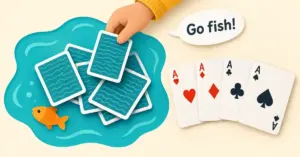 A child’s illustrated hand draws a card from a turquoise ocean pile beside a completed book of four aces and a speech bubble saying “Go fish!”.