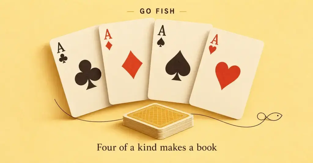 Four aces form a complete book in Go Fish, with a face-down draw pile and a decorative fish outline on a warm yellow background.