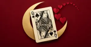 A Queen of Spades card rests against a gold crescent moon with an arc of red hearts, illustrating the shoot-the-moon strategy in Hearts.