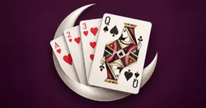 The Queen of Spades and three heart cards framed by a silver crescent moon on an aubergine background, representing shooting the moon in Hearts.