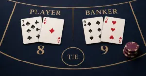 A baccarat table showing a Player hand totalling eight, a Banker hand totalling nine, and an empty Tie betting area on dark blue felt.
