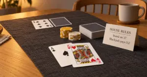 A home blackjack setup on a wooden kitchen table with an ace and king, game tokens, a deck of cards and a sign showing the house rules.