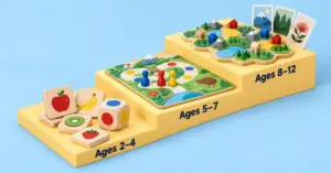 Three ascending yellow steps display fruit matching tiles for ages 2–4, a cooperative kiwi-themed board game for ages 5–7, and a hex-tile strategy game for ages 8–12.