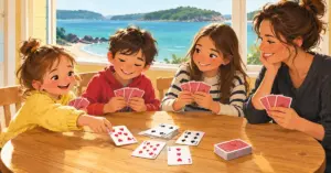 Illustration of three children of different ages playing cards with a parent around a wooden table at a New Zealand bach overlooking the sea.