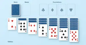 Klondike Solitaire setup showing seven tableau columns with increasing numbers of cards, a face-down stock, an empty waste space and four foundation spaces on a pale blue background.