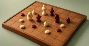 Ivory and deep red Makruk pieces, including pointed kings, carved horses and flat pawns, arranged on a wooden Thai chess board.