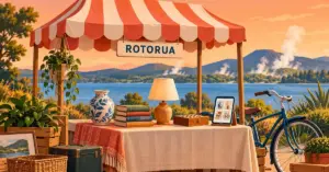 Illustration of a Rotorua market stall displaying second-hand household goods beside a bicycle and online listings, with a lake, hills and geothermal steam in the background.