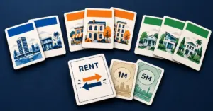 Illustration of three coloured property card sets with a rent action card and money cards, representing Monopoly Deal gameplay.