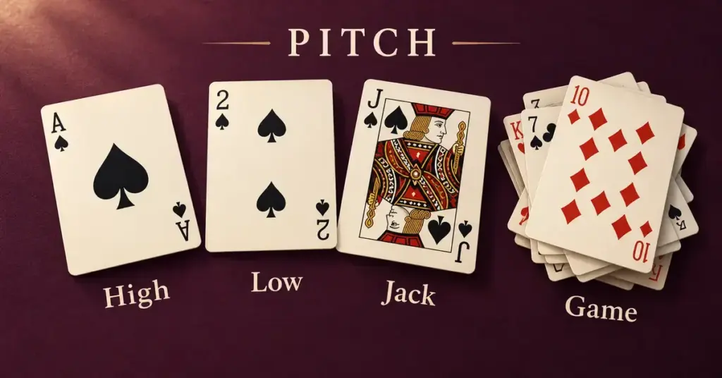 Ace, two and jack of spades beside a pile of captured cards illustrate Pitch’s four scoring points: High, Low, Jack and Game.