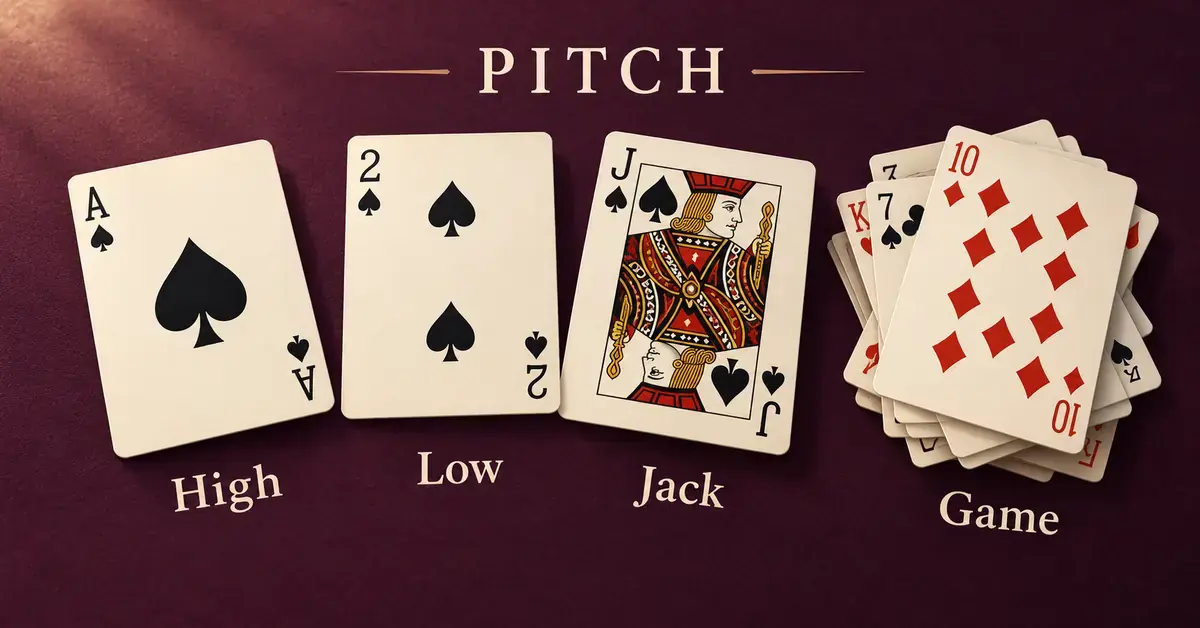 Ace, two and jack of spades beside a pile of captured cards illustrate Pitch’s four scoring points: High, Low, Jack and Game.