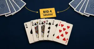A six-card Pitch hand with five spades beside a yellow ‘Bid 4 – Smudge’ slip, with arrows from opponents’ cards illustrating pressure on the bidder.