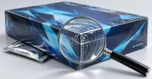A magnifying glass highlights the shrink-wrap seam on an unbranded blue 36-pack booster box, with a silver foil pack tucked underneath.