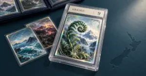 A graded collectible card featuring a silver fern sits beside sleeved landscape cards and a card binder on a blue surface embossed with a map of New Zealand.