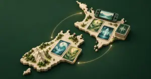 Illustration of trading cards and a handheld gaming console on a sculpted map of New Zealand, representing the country's collecting and gaming community.