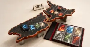 Trading cards arranged on New Zealand island-shaped tournament tables beside a collector’s binder and a 2026 table marker.