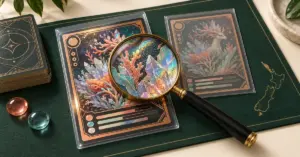 A magnifying glass reveals foil details on an original fantasy trading card beside a comparison card, playing counters and a New Zealand outline on a green mat.