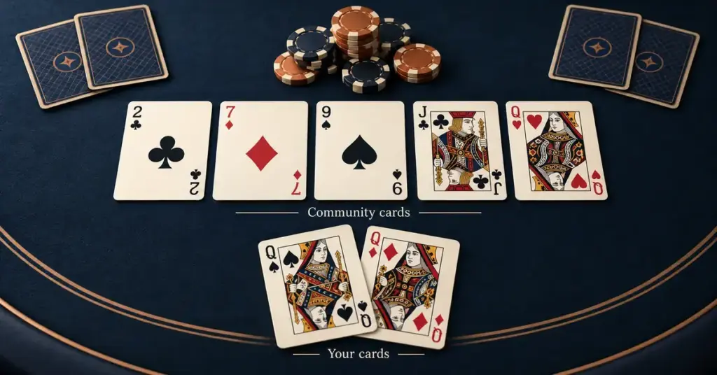A Texas Hold'em table showing five community cards, a player's pair of queens, face-down opponent cards and a pot of poker chips.