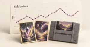 Two illustrated trading cards and a retro game cartridge in front of a sold-price chart labelled in New Zealand dollars.