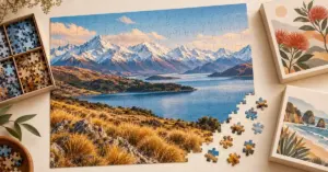A partly completed New Zealand alpine lake jigsaw with loose pieces, a sorting tray and unbranded puzzle boxes on a cream tabletop.