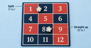 Roulette betting layout showing a split bet between 1 and 2 paying 17 to 1 and a straight-up bet on 8 paying 35 to 1.