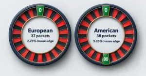 Side-by-side illustrations compare European roulette with one zero, 37 pockets and a 2.70% house edge against American roulette with zero and double zero, 38 pockets and a 5.26% house edge.