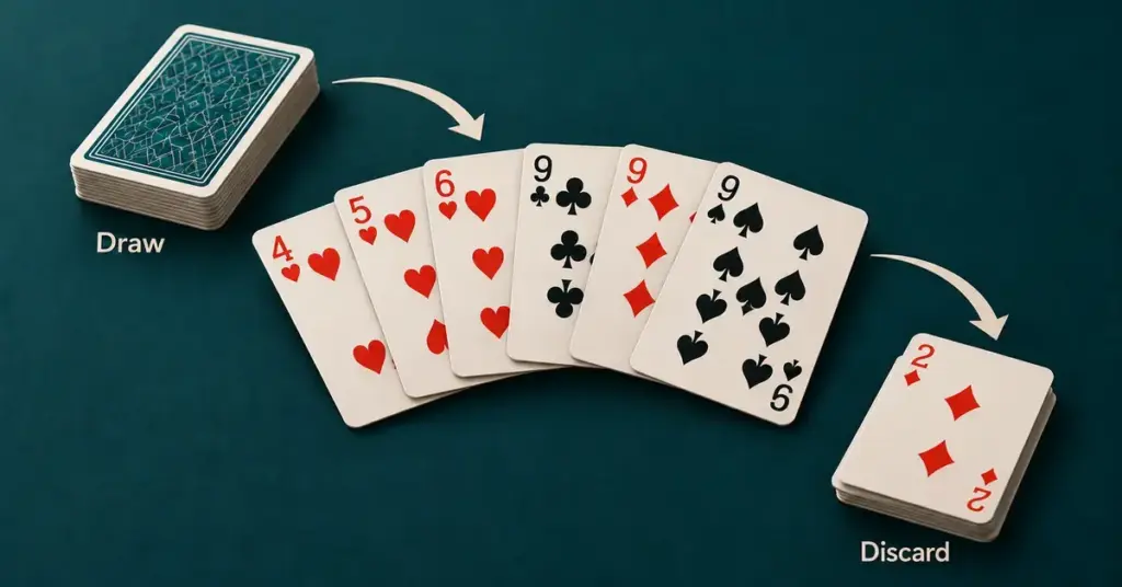 Rummy cards forming a run of hearts and a set of nines, with arrows showing the draw-and-discard sequence on a teal tabletop.
