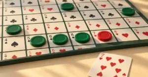 A red chip blocks a row of green chips on a Sequence-style board, with a matching seven of hearts card in the foreground.