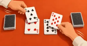 Illustration of two players simultaneously placing cards onto shared centre piles during a game of Speed on an orange tabletop.