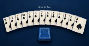 A complete Spider Solitaire run of spades from King to Ace curves above a blue-backed stock pile on a navy background.