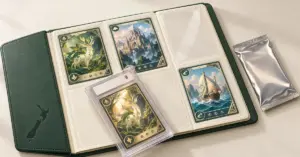 An open trading card album with a New Zealand motif displays fantasy cards beside a graded card in a protective slab and a sealed booster pack.