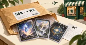 Protected fantasy trading cards emerge from a postal mailer labelled USA to NZ beside a GST receipt, with a local card shop in the background.